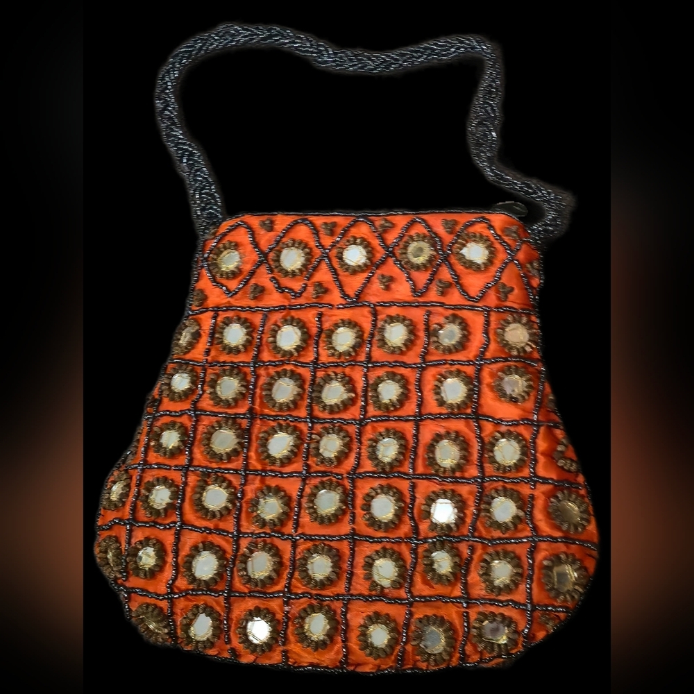 Handmade Indian Ethnic Beaded Purse Mirror Work Orange Potli Bag - Picture 3 of 6